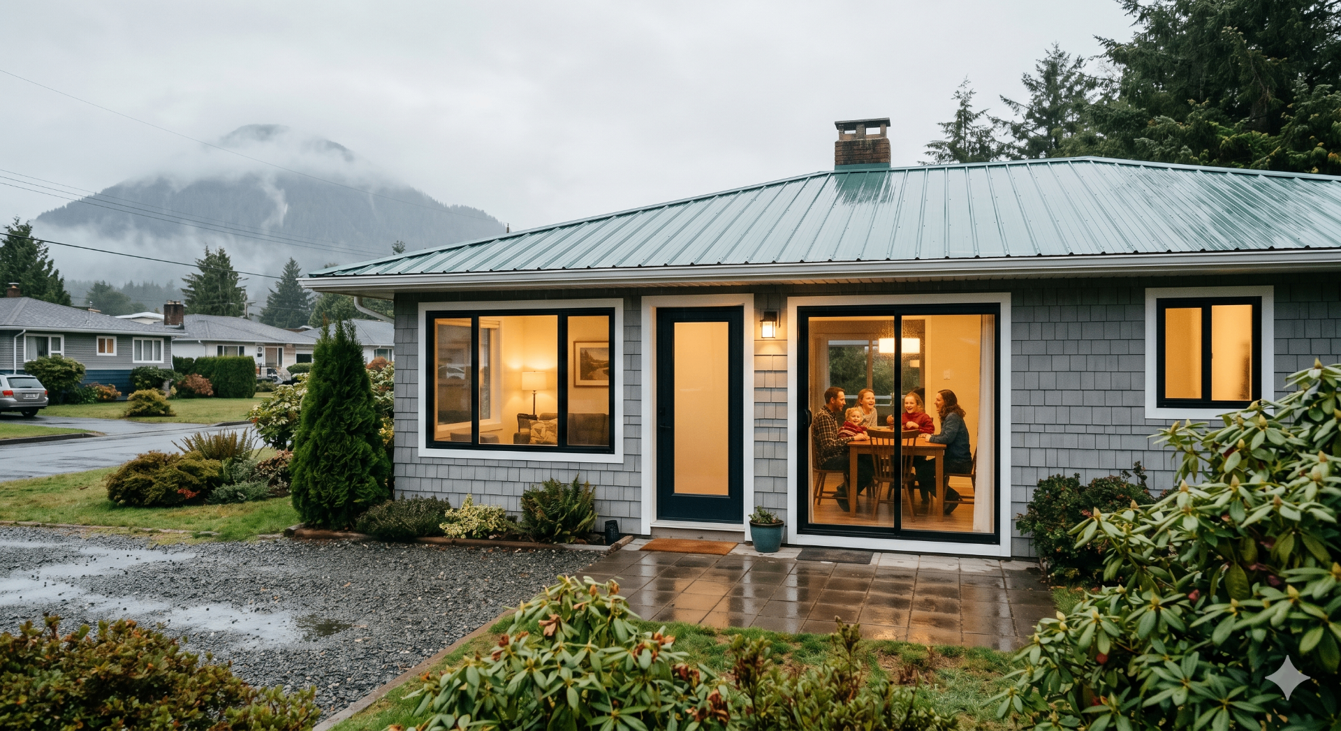Cozy BC bungalow in Prince Rupert with new windows and sliding patio door, family inside at dinner